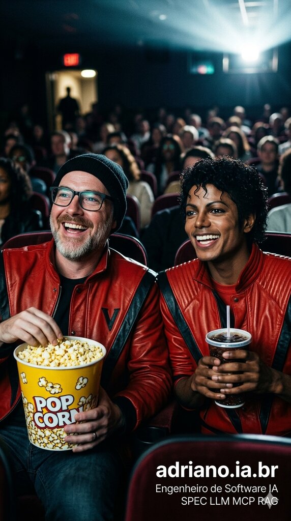 Adriano no cinema com pipoca ao lado de personagem famoso