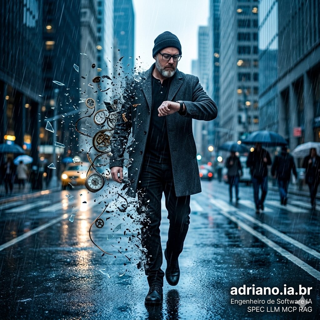 Adriano caminhando na chuva com relógios explodindo